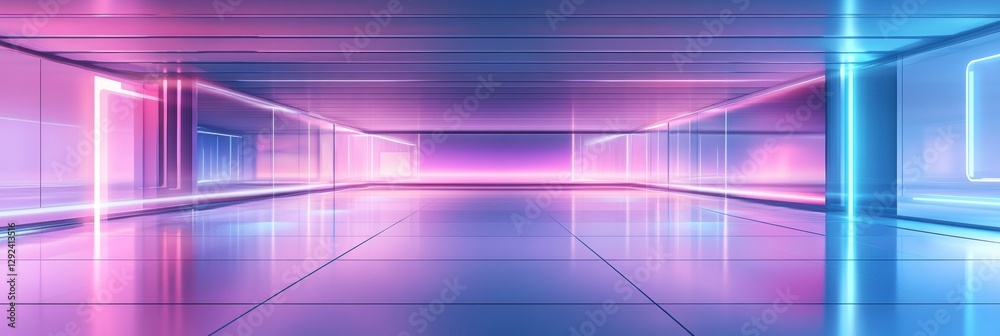 Poster bright neon lights illuminate an empty futuristic corridor with polished floors in a modern interior