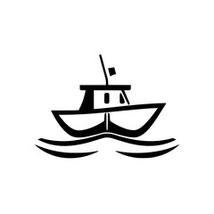 Boat silhouette illustration, black and white with simple lines, boat is on the water with waves in the background.