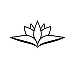 Black-and-white minimalist illustration of a lotus flower, isolated on a white background.