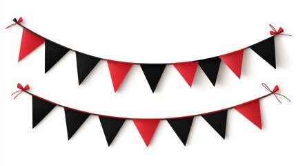 Obraz premium Red and black banners and triangle pennants hanging with ropes. Vector realistic mockup of 3d horizontal and vertical canvas posters and pennons isolated on white background