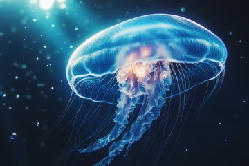 Fototapeta premium Majestic jellyfish gracefully drifting through illuminated ocean waters at twilight