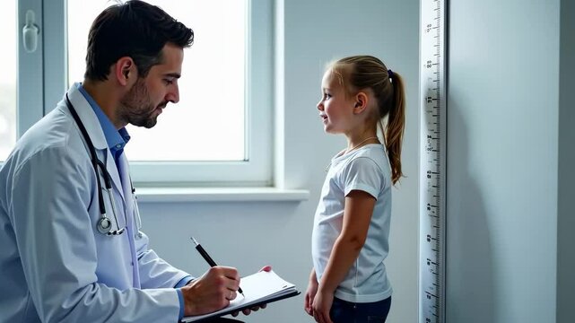 A male pediatrician measures the height of a little girl in the clinic, the child is near the height meter, and the doctor records the readings in a chart. Generative 4k video