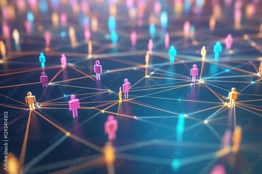 Poster colorful virtual avatars connected through glowing lines in a digital network illustrating social in