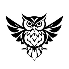 Detailed vector illustration of a stylized owl with wings outstretched, perched on a horizontal branch, stark white background.