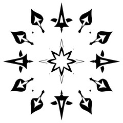 Abstract Starburst Pattern: A black and white image featuring a central star shape surrounded by other star and leaf-like elements.