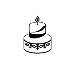Simple, minimalist black and white illustration of a two-tier birthday cake with a candle.
