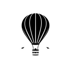 Obraz premium Black and white illustration of a hot air balloon soaring against a white background, with birds flying.