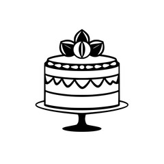 Elegant, minimalist black and white line art illustration of a two-tiered cake on a pedestal, featuring a minimalist design.