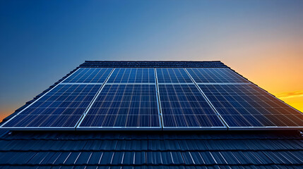 Obraz premium Modern Skyscraper with Solar Panels Harnessing Renewable Energy in a Blue Sky