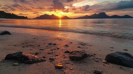 Sunset reflection on sandy beach coastal landscape nature photography serene environment low angle view