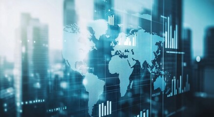 Digital world map overlaying a global business background with network connections and graphs, symbolizing international trade and digital marketing Generative AI