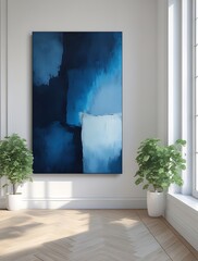 Modern interior with large abstract blue painting on white wall, illuminated by natural light from a window, complemented by wooden flooring and green potted plants
