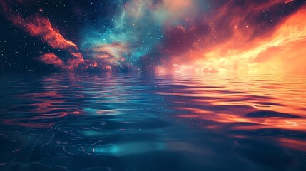 Fototapeta premium A vibrant cosmic scene depicting a tranquil ocean under a colorful sky filled with stars and vivid clouds.