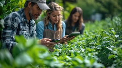 Fototapeta premium A man and two women are looking at their cell phones in a field