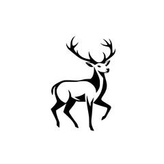 Majestic stag silhouette, showcasing deer's form, with antlers against a white background, embodying simplicity and design.