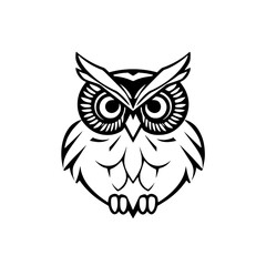 Black and white illustration of a stylized owl, featuring a minimalist design, a frontal symmetrical view and bold strokes.