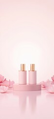 Two elegant pink cosmetic bottles on a round pedestal, surrounded by soft pink flowers, creating a serene and luxurious beauty aesthetic.