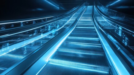 Futuristic escalator, data streams, city, progress