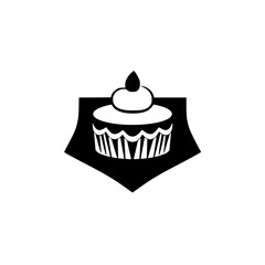 Minimalist cake illustration of a dessert with icing, perched on a black background.