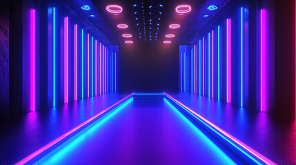 Fototapeta premium Neon podium, empty stage at LED video wall screen, pedestal for product presentation or fashion show performance, dance floor, glowing illuminated blue round scene, Realistic 3d vector illustration