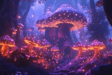 Naklejka premium Mystical forest with glowing mushrooms illuminating the path in twilight