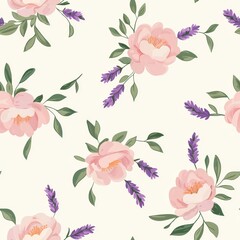 A floral pattern featuring soft pink peonies and purple lavender against a light background, creating a fresh and vibrant aesthetic.