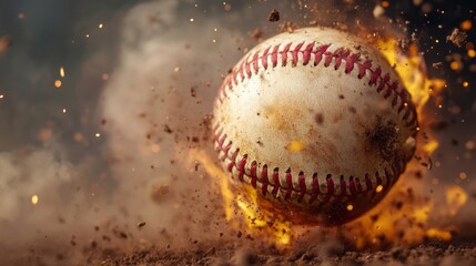 A baseball erupts with flames and dust, capturing the intensity of the game in a dynamic and explosive moment.
