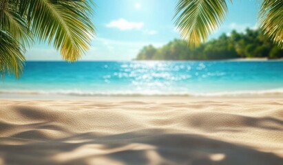 Obraz premium Tropical Beach Scene with Palm Trees Soft Sunlight and Calm Ocean