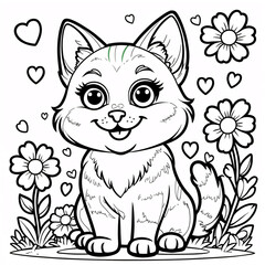 Cute Smiling Kitten Line Art for Kids Book Covers and Fun Engaging Coloring Pages for Young Readers Learning Journey Drawing Illustration with Heart and Flowers