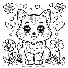 Playful and Cute Kitten Illustration with Smiling Face for Kids Book Covers and Fun Educational Coloring Pages for Young Readers Drawing Illustration with Heart and Flowers