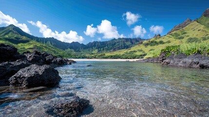 Secluded Hawaiian cove, tranquil waters, lush mountains, sunny day, travel brochure