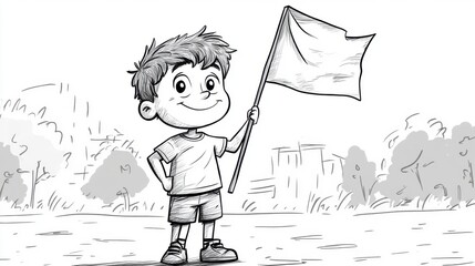 Cheerful Young Boy Holding a Blank Flag in a Cartoon Style Illustration Surrounded by Nature