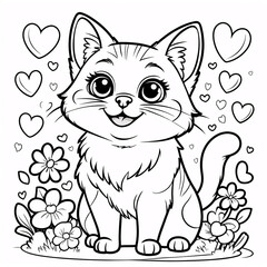Playful Smiling Cat Illustration for Kids Book Covers and Colorful Fun Coloring Pages to Inspire Childrens Creativity Drawing Illustration with Heart and Flowers