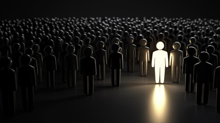 Fototapeta premium Einzelner Mensch leuchtet inmitten einer Menge dunkler Silhouetten