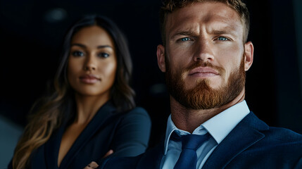 Confident business colleagues portrait, office background, teamwork