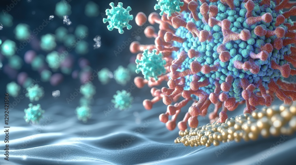 Poster 3d image of pathogen and colorful microscopic bacteria in abstract background