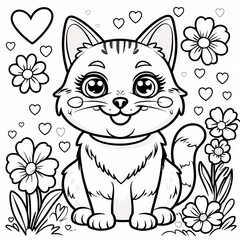Fototapeta premium Adorable Kitten Line Art with Happy Face for Fun Kids Books and Creative Educational Coloring Pages for Young Children Drawing Illustration with Heart and Flowers