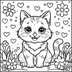 Adorable Kitten Line Art with Smiling Face for Kids Storybook Covers and Engaging Fun Coloring Pages for Kids Exploration Drawing Illustration with Heart and Flowers