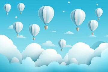 White hot air balloons floating in bright blue sky above fluffy clouds. Dreamy summer landscape with multiple balloons. Romantic adventure travel concept with copy space