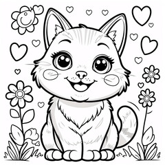Cheerful Smiling Kitten Line Art Drawing for Kids Storybook Covers and Interactive Fun Coloring Pages for Young Artists Creativity Drawing Illustration with Heart and Flowers