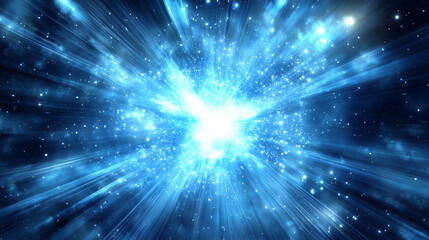 Blue explosion glow with bright light, rays and dust around flash with transparent effect. Realistic vector illustration set of magic energy glare with beams and sparkles. Star burst with radiance.