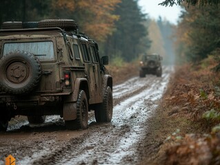 Rugged armored off-road vehicles navigating muddy forest trails during a misty autumn day. Generative AI