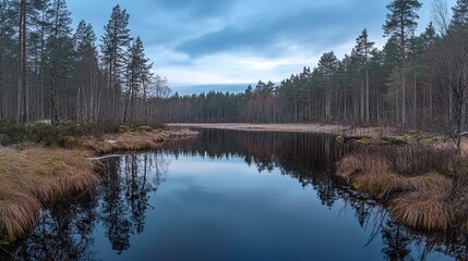 Fototapeta premium Calm reflection on still water forested landscape nature photography serene environment scenic viewpoint