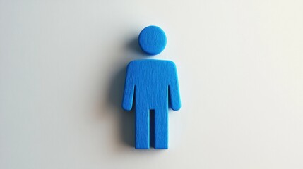 Blue Wooden Figure Representing a Male Gender Icon on a Minimalistic White Background