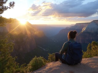 Fototapeta premium Solo traveler absorbs breathtaking sunset views over majestic mountains and valleys in a tranquil moment of reflection. Generative AI