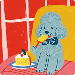 The illustration of a poodle sitting on a chair eating a cake