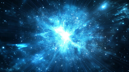 Obraz premium Blue explosion glow with bright light, rays and dust around flash with transparent effect. Realistic vector illustration set of magic energy glare with beams and sparkles. Star burst with radiance.