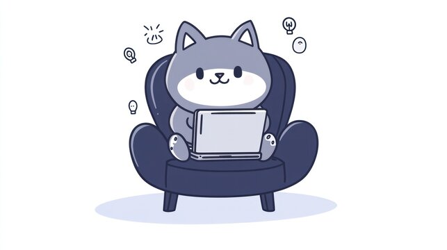 Cute cartoon cat working on laptop