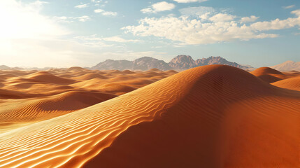 Naklejka premium Sahara Desert Sunset Over Red and Orange Sand Dunes in Morocco Landscape