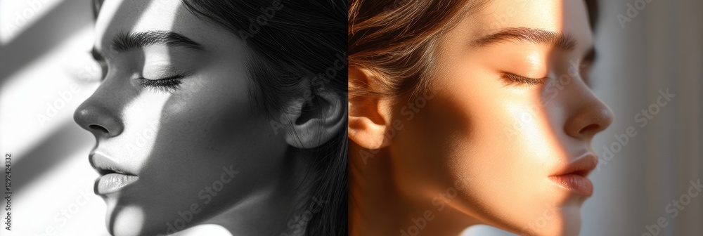 Leinwandbilder Mood transformation from grayscale sadness to vibrant serenity through light and shadow in close up portraits. Generative AI